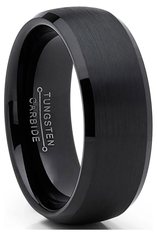 Mens Solid Black Tungsten Wedding Band Ring Dome 8Mm Comfort-Fit