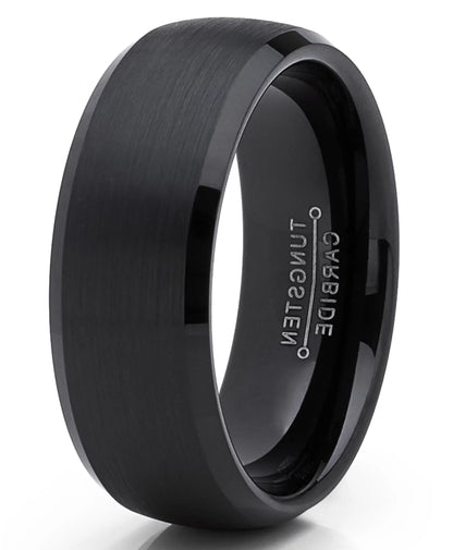 Mens Solid Black Tungsten Wedding Band Ring Dome 8Mm Comfort-Fit