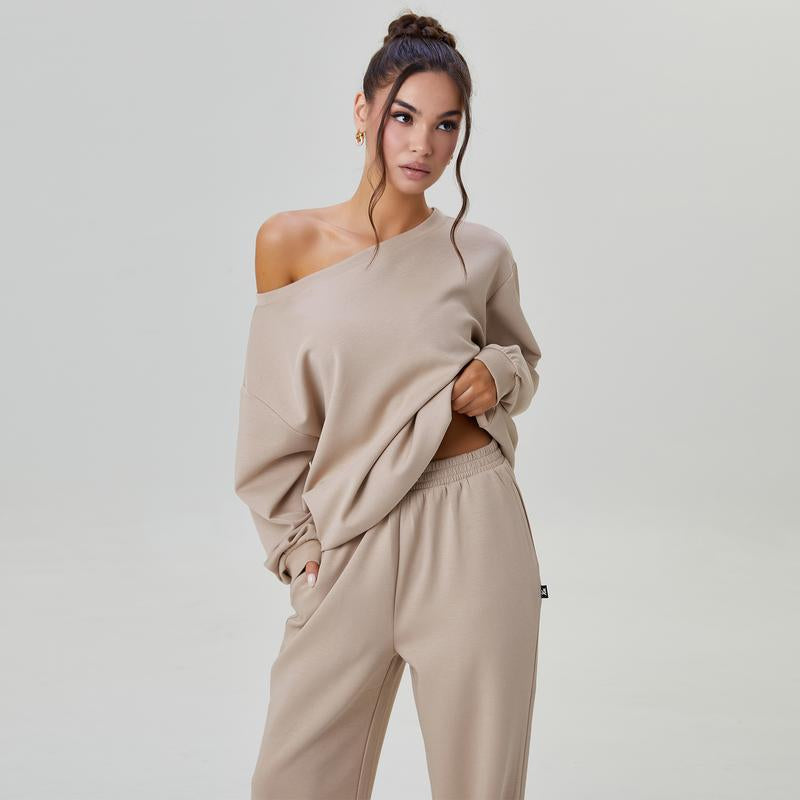 Katchme Women'S Leisure Solid Color Sloping Shoulder Long Sleeve Top & Wide Leg Trousers Co-Ord, Cozy Scoop Neck Loose Two Piece Outfits, Basic Womenswear