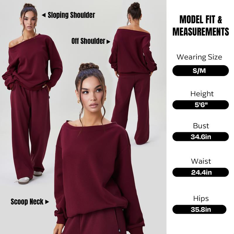 Katchme Women'S Leisure Solid Color Sloping Shoulder Long Sleeve Top & Wide Leg Trousers Co-Ord, Cozy Scoop Neck Loose Two Piece Outfits, Basic Womenswear
