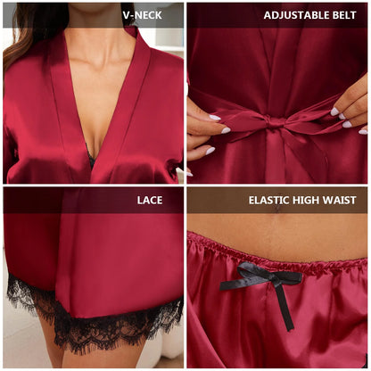 Sexy Lingerie,  Silk Satin Pajamas for Women, Womens Summer Pajamas Pjs Sets of 4 Pcs with Floral Lace Top Shorts and Robe, Gift for Women, Burgundy, XXL