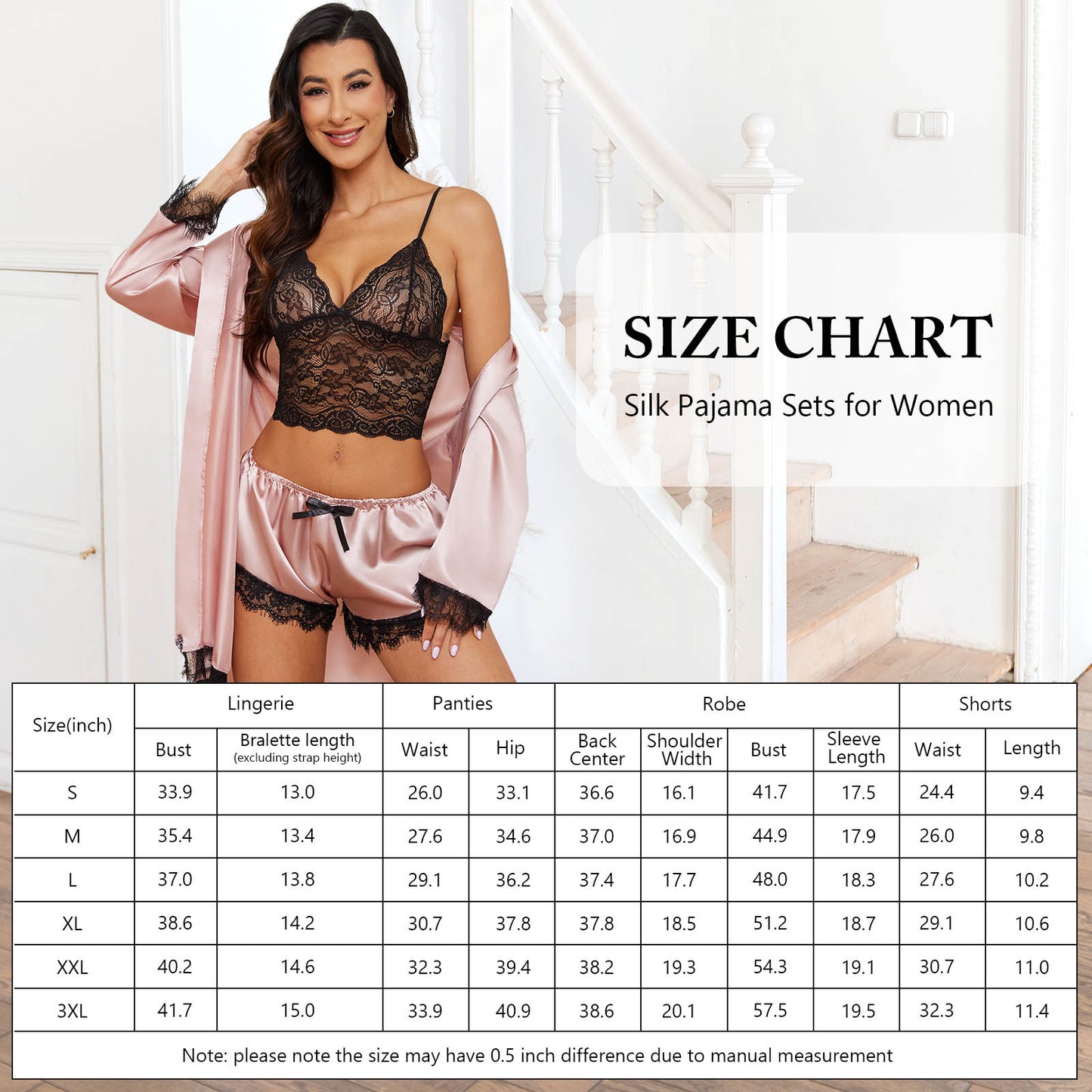 Sexy Lingerie,  Silk Satin Pajamas for Women, Womens Summer Pajamas Pjs Sets of 4 Pcs with Floral Lace Top Shorts and Robe, Gift for Women, Burgundy, XXL