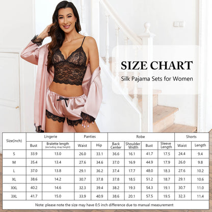 Sexy Lingerie,  Silk Satin Pajamas for Women, Womens Summer Pajamas Pjs Sets of 4 Pcs with Floral Lace Top Shorts and Robe, Gift for Women, Burgundy, XXL