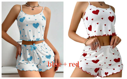 Women'S Pajamas Set Sleepwear 2 PCS Short Tank Tops and Shorts S M L White Ventilate Soft Casual Love Printing