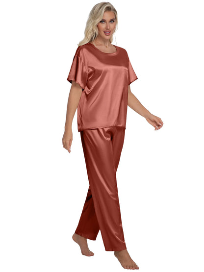 Womens Silk Satin Pajama Set Short Sleeve Shirt with Long Pajamas Pant Set Two-Piece Pj Sets Soft Sleepwear Loungewear Nightwear Pjs S-XL, Caramel, XXL