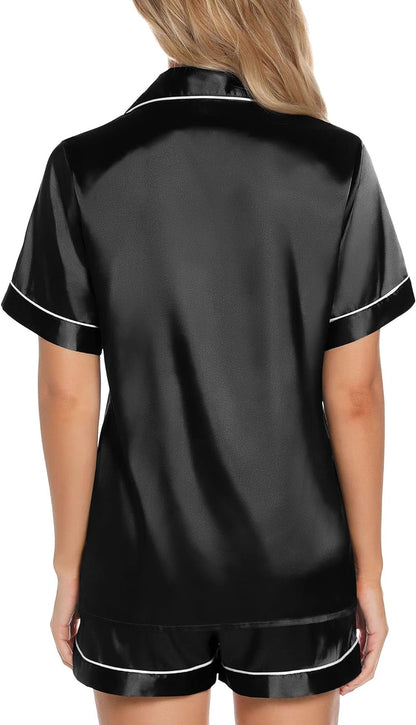 Women'S Silk Satin Pajamas Set Short Sleeve Sleepwear Two Piece Button down Pj Set with Pockets S-XXL