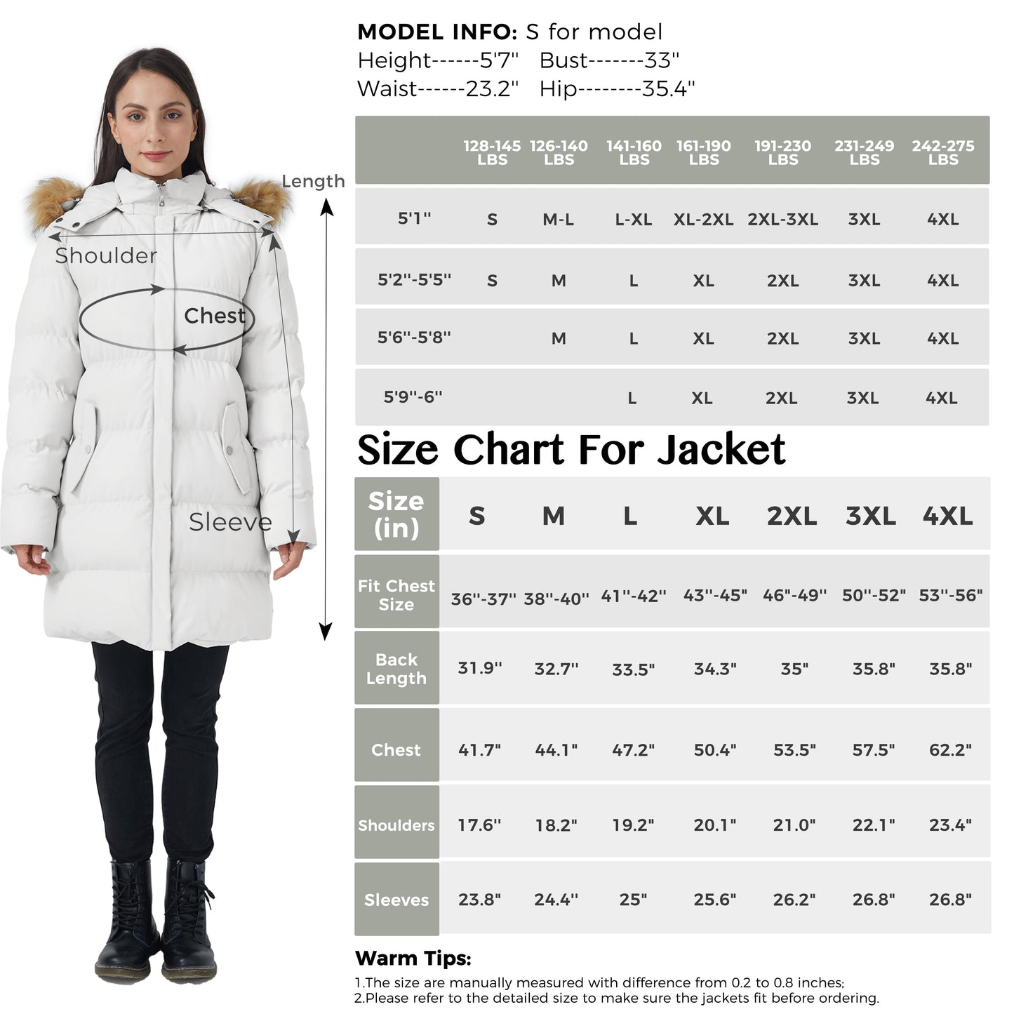 Women'S Puffer Jacket Warm Winter Coat Hooded Waterproof Puffer Jacket White M