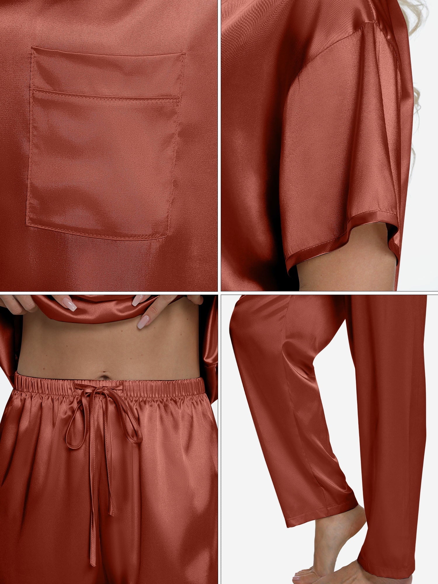 Womens Silk Satin Pajama Set Short Sleeve Shirt with Long Pajamas Pant Set Two-Piece Pj Sets Soft Sleepwear Loungewear Nightwear Pjs S-XL, Caramel, XXL